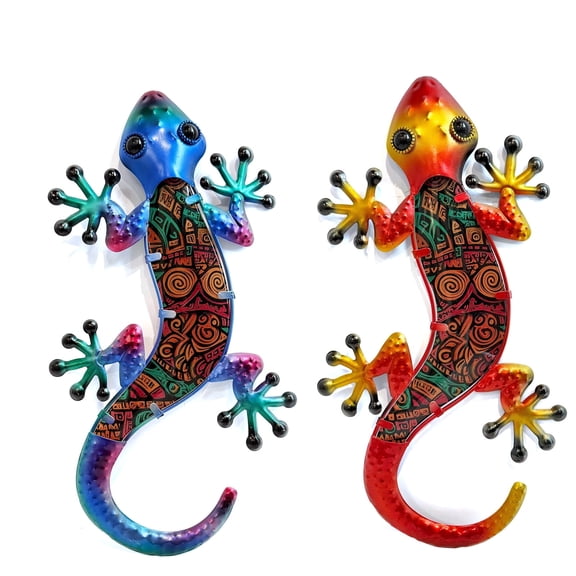 HONGLAND Lizard Wall Decor- 15 inch Gecko Metal Wall Art Hanging Glass Sculpture, 2 Pack Yard Decorations Outdoor for Garden Fence Home
