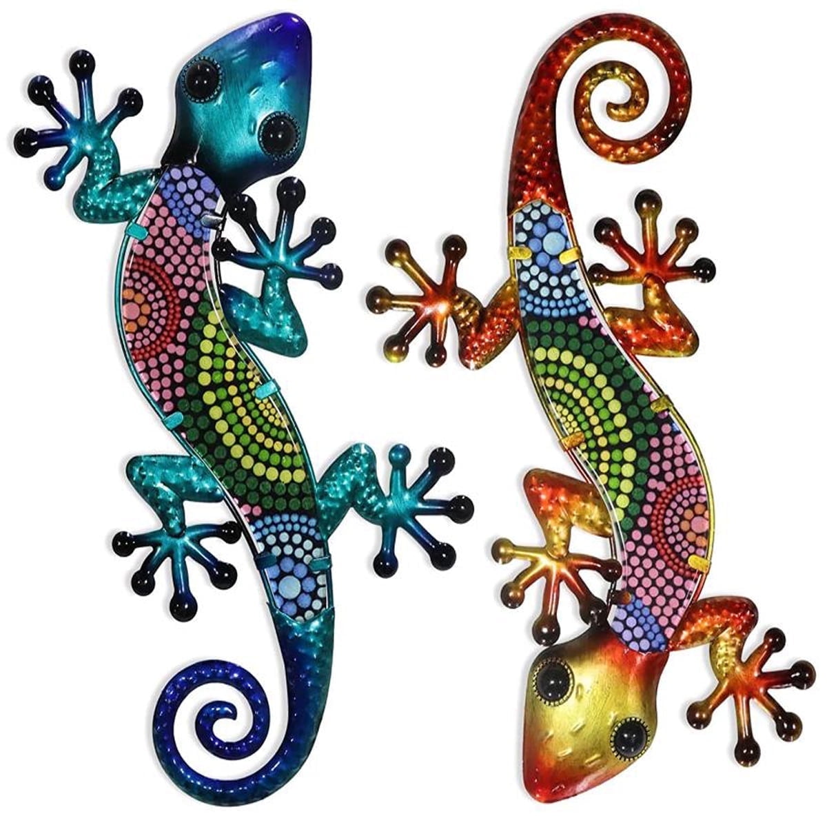 Colorful Metal and Glass Gecko Wall Art Set for Outdoor Decor