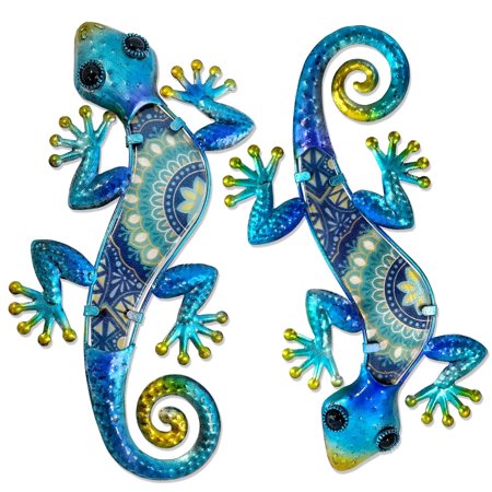 HONGLAND Metal Gecko Yard Wall Art ,12 inch Outdoor Boho Lizard Wall Decor for Garden ,Fence (Blue)