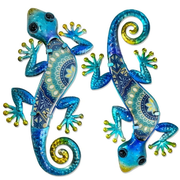 HONGLAND Metal Gecko Yard Wall Art ，12 inch Outdoor Boho Lizard Wall Decor for Garden ,Fence (Blue)