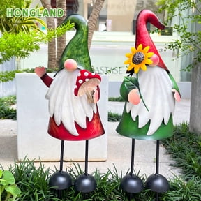 HONGLAND Metal Gnome Yard Decorative Stakes - 18 inch Gnome Garden Statue Decor-2 Pcs