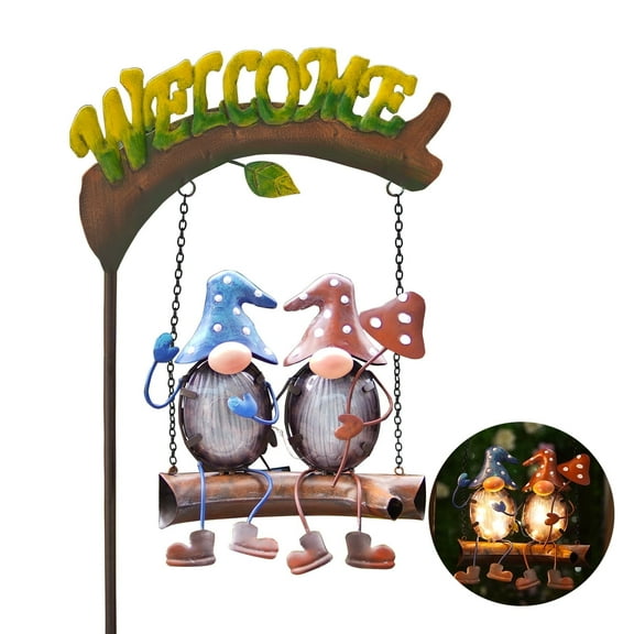 HONGLAND Metal Gnomes Swing Solar Lights - Outdoor Garden Decor with Welcome Sign