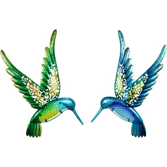 HONGLAND Metal Hummingbird Wall Art - 15" Bird Decor for Patio Fence (2-Pack in Blue and Green) - Perfect for Adding Charm and Vibrancy to Your Outdoor Space!