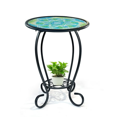 HONGLAND Mosaic Outdoor Side Table, Two Tier Green Glass Patio Side Table for Porch-14X14X21 inch