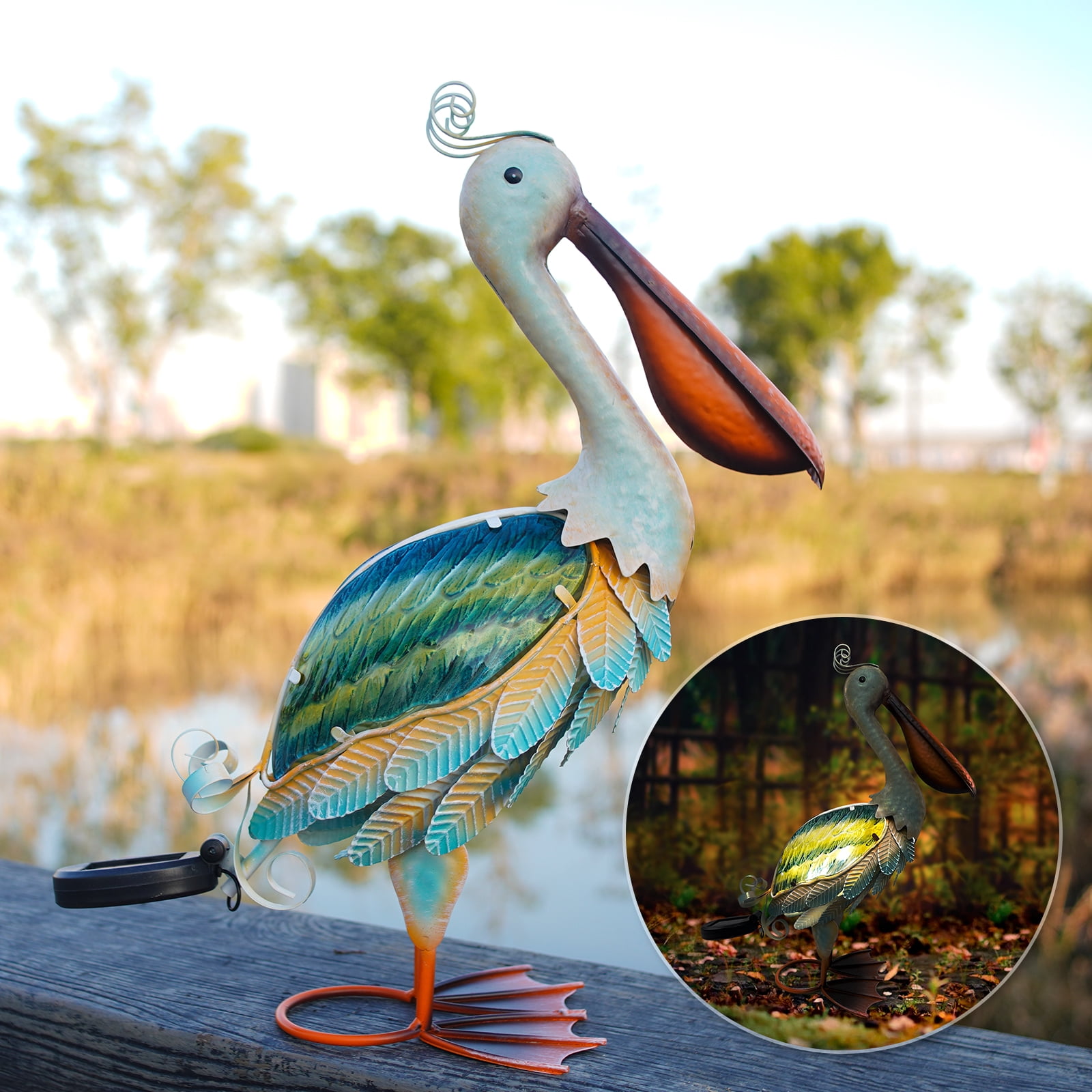 HONGLAND Solar Metal Pelican Garden Statue, 3D Glass Outdoor Pelican Yard Art for Porch Patio,Easy Assemble-19 inch