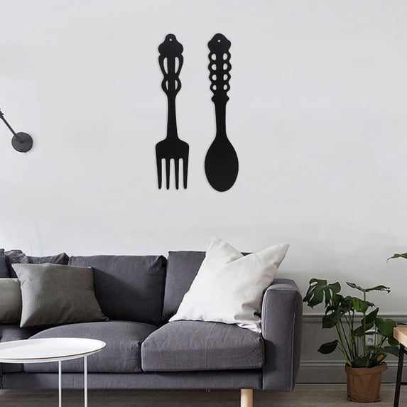 HONGLIN 2 Pieces Metal Fork Spoon Wall Decor Big Black Metal Large Kitchen Rustic Fork Spoon Shaped Wall Decor Hanging Sign