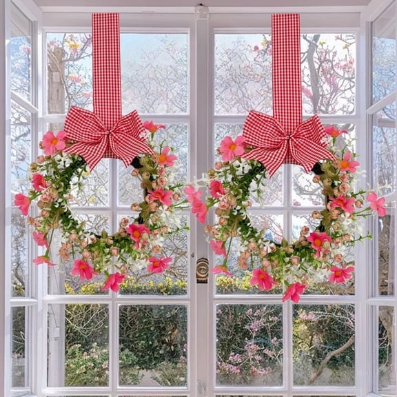 HONGLIN Spring Artificial Daisy Candle Ring with Bow, Pink Small Floral Wreath for Farmhouse Table Door Decor