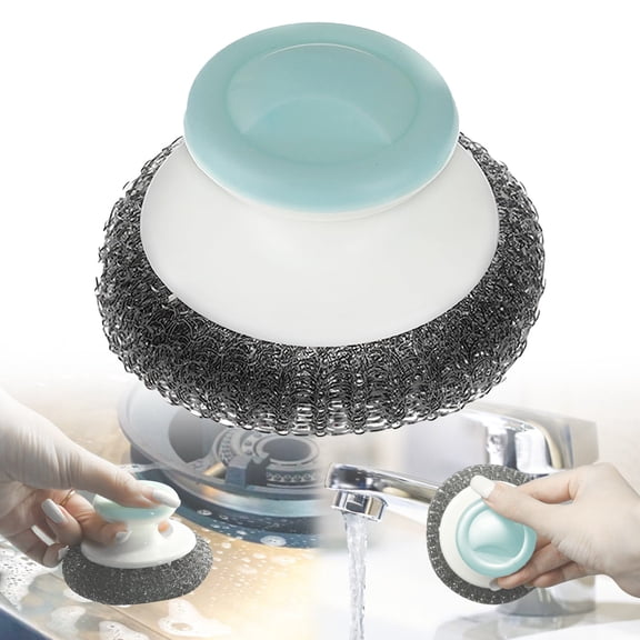 HONGLIN Stainless Steel Scrubber with Handle, Heavy Duty Scrubbing Cleaning Brush Wash Steel Scrubber Cleaner Premium Dish Scrubber Metal Sponge Scrubber for Cleaning Pots Pans Grills Sink