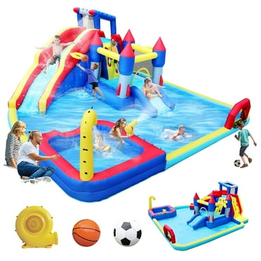 HONGLONG 10 In 1 Kids Inflatable Slide Water Park Trampoline Bouncing House, Outdoor Bounce House with 650W Blower, Splash Pool, Climbing Wall , Water Toys for 3-10 Years Old