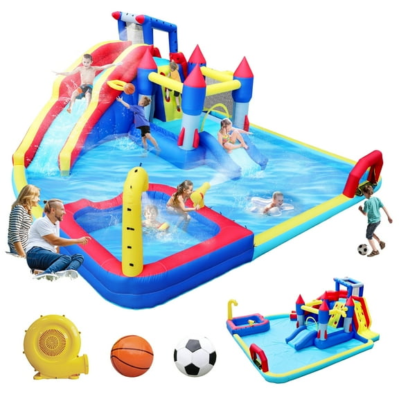 HONGLONG 10 In 1 Kids Inflatable Slide Water Park Trampoline Bouncing House, Outdoor Bounce House with 650W Blower, Splash Pool, Climbing Wall , Water Toys for 3-10 Years Old