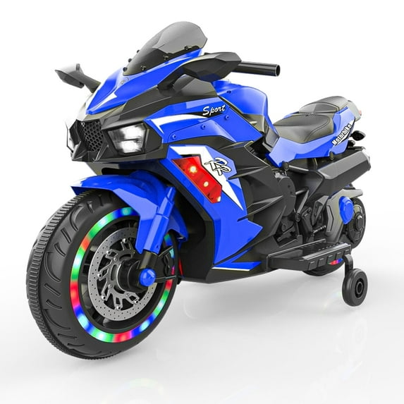 HONGLONG 12V Kids Ride On Motorcycle, Battery Powered Electric Ride on Motorcycle Bike w/Training Wheels Headlights, Blue