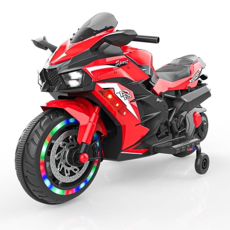HONGLONG 12V Kids Ride on Motorcycle, 2 Wheels Motorbike for Kids with Training Wheels, Lights, Music Red