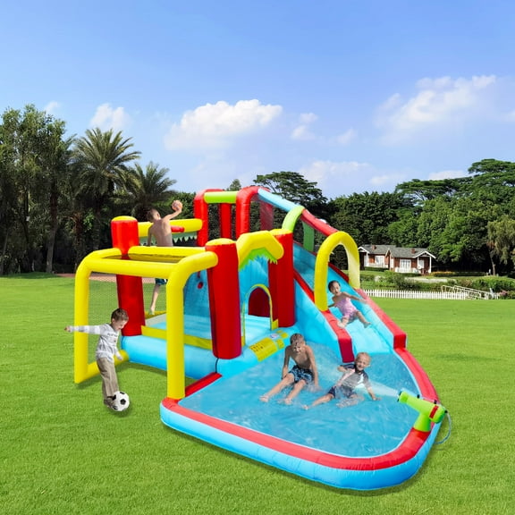 HONGLONG 7 in 1 Kids Inflatable Slide Water Park Bouncing House Outdoor Soccer Garden Bouncer with Splash Pool & Climbing Wall & Basketball & Football