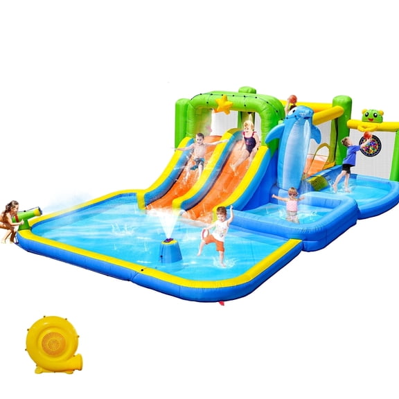 HONGLONG Inflatable Water Slide 6-in-1 Dolphin Inflatable Bounce House for Kids Splash Pool Water Cannon - for Indoor Outdoor Backyard Birthday Party
