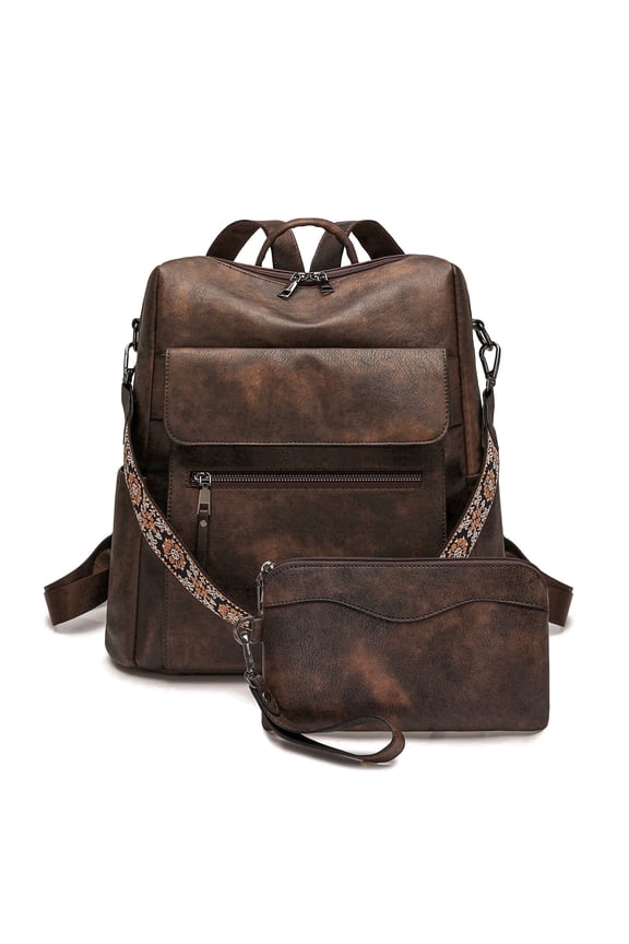 Women Leather Backpack Purse, Convertible Anti-theft Travel Backpack 2 Pcs Large Capacity Shoulder Bag Handbag Wallet Set for Work Shopping Travel