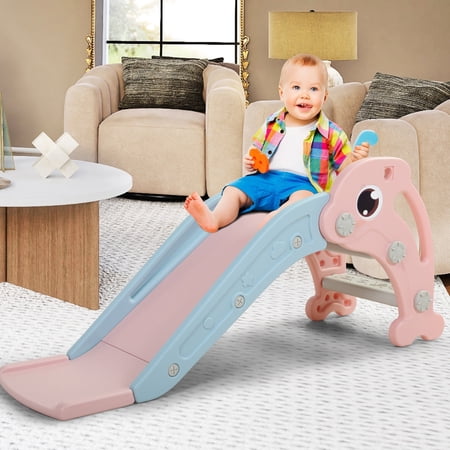 HONGLONG Children's Extra Long Slide with Basketball Hoop & Ball, Indoor Outdoor, Pink