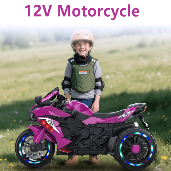 HONGLONG Kids Motorcycle, 12V Battery Powered Electric Motorbike with 3 Wheels Ride on Toys with LED Lights, Music ,Purple