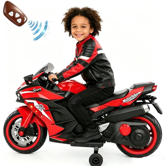 HONGLONG Remote Control Kids Electric Motorcycle with Training Wheels, 12V Ride on Motorbike Toys with Lights Music for 3-6 Years Kids, Red