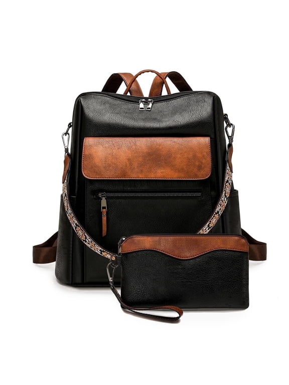 PU Leather Backpack Purse for Women Large Fashion Designer Travel Backpack Ladies Shoulder Bag - Black