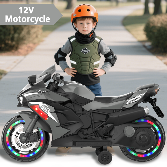 HONGLONG Ride on Toys 12V Electric Motorcycle for Kids 2-4 Years, 2 Wheels Ride on Motorcycle w/Training Wheels, LED Lights, Music,Gray