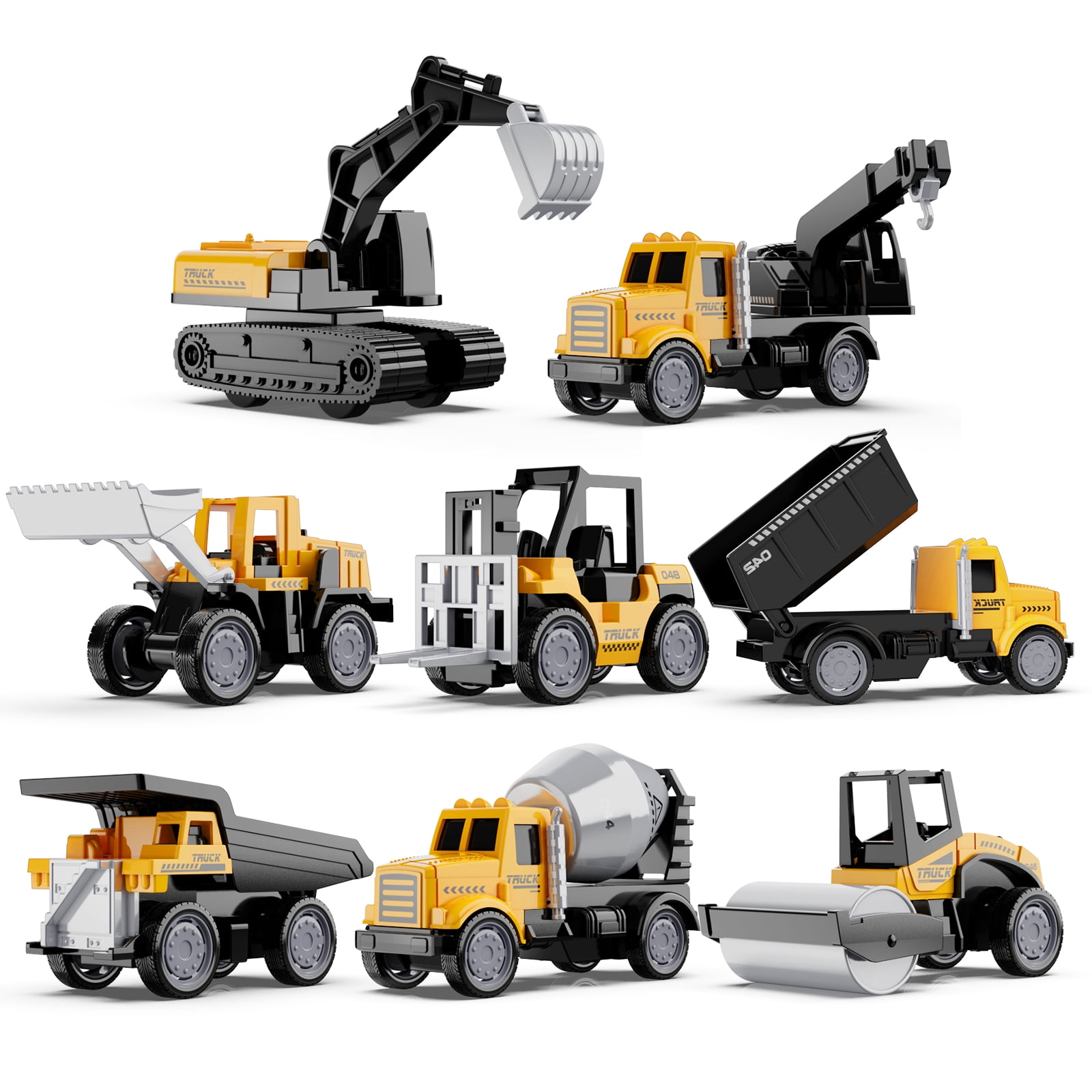 HONGTUO Alloy Mini Construction Vehicles，8Pcs Die-cast ConstructionVehicle Toys Set，Excavators Mixer Truck Bulldozers Forklift Dump Truck Cranes Toys, Pull Back Car Toys for Toddlers Kids Boys & Girls