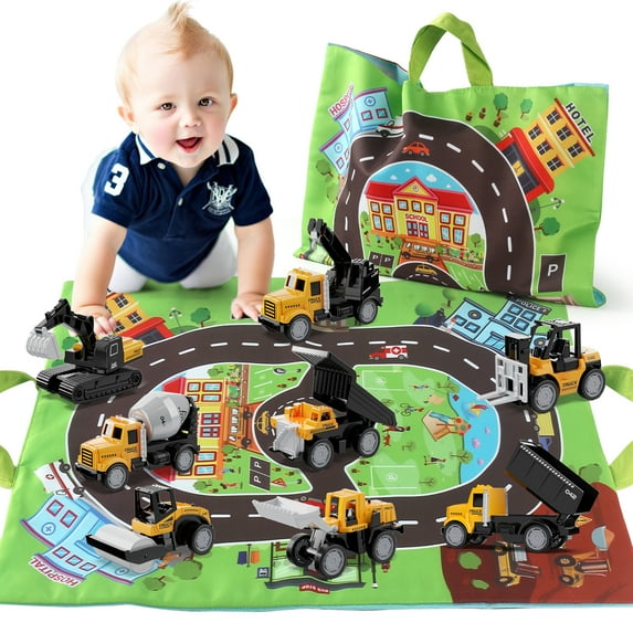 HONGTUO Toddler Car Toys and Playmat Storage Bag 8Pcs Die-cast Construction Vehicle Toys for 1 2 3 Year Old boy Girl, Birthday Gifts for Toddler Toys Age 1-2