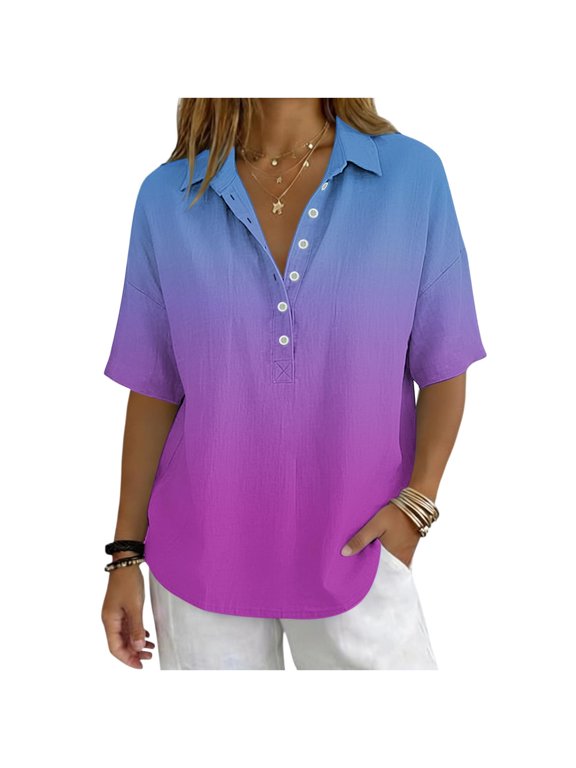 Button Down Shirts for Women Plus Size Casual Linen Ombré Half Sleeve Button And Snap V-neck Top Shirt
