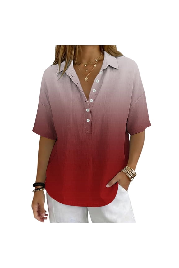 Button Down Shirts for Women Plus Size Casual Linen Ombré Half Sleeve Button And Snap V-neck Top Shirt