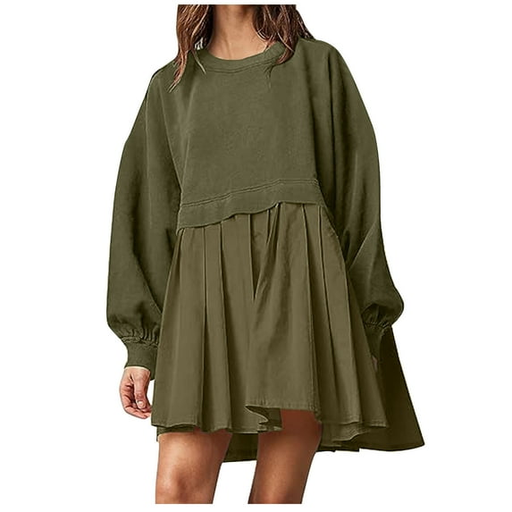 HONHUZH Casual Dresses for Women Long Sleeve Sweatshirt Dress Crew Neck Ladies Patchwork Mini Dresses