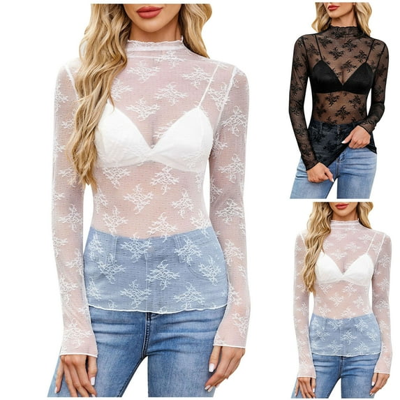 Turilly Lace Tops for Women 2025 Trendy See Through Stylish Tops Mock Neck Shirts Party Club Night Blouses