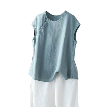 HONHUZH Clearance Tank Tops for Women Summer Casual Comfort Loose Round Neck Cotton And Linen Top