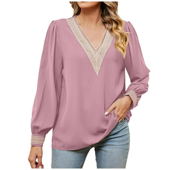 HONHUZH Lace Tops for Women 2025 Trendy Lantern Sleeve Tunic Tops Boho Lace V-Neck Blouse