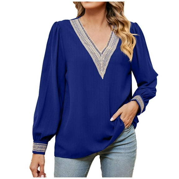 HONHUZH Lace Tops for Women 2025 Trendy Lantern Sleeve Tunic Tops Boho Lace V-Neck Blouse
