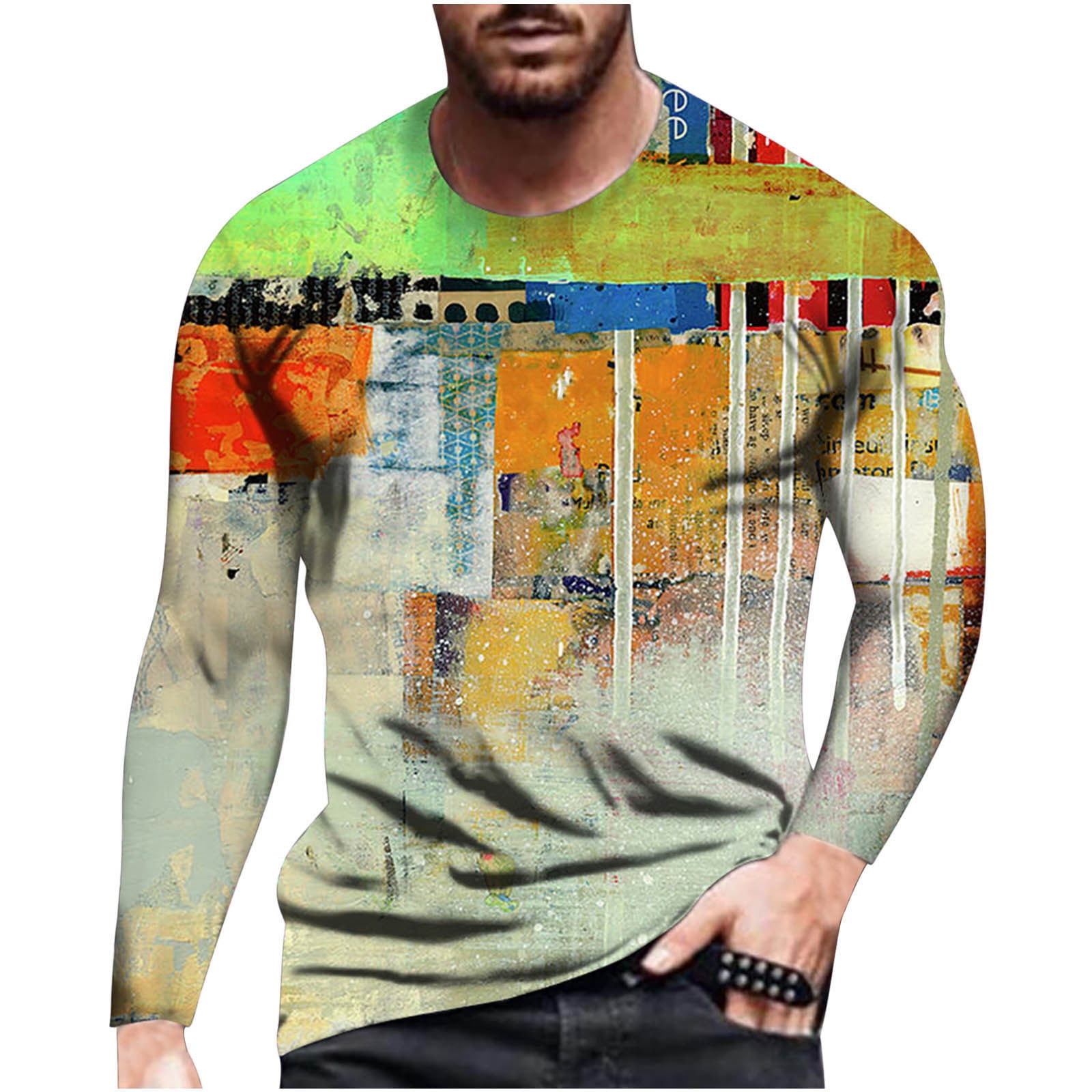 HONHUZH Mens Shirts Clearance,Men's Loose Round Neck 3d Printing Long