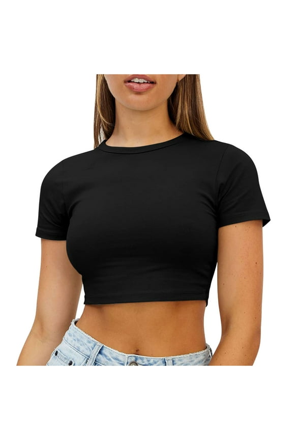 Shirt Blouses Women Crop Cute Trendy Basic Tight Rounk Neck Crop Blouse Short Sleeve Crop TopS