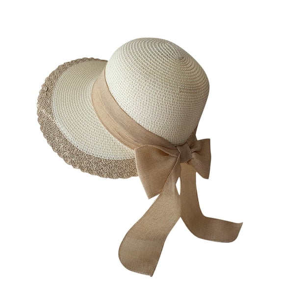 HONHUZH Summer Hats Womens Foldable Straw Sun Hat With Ruffled Edge And Bow Summer Beach Hat