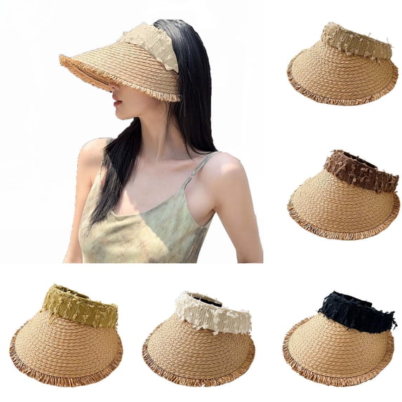 HONHUZH Summer Hats Womens Summer Wide Brim Visor Hat Ponytail Hole Foldable Sun Protection Cap