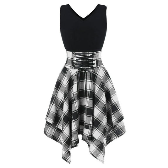 HONHUZH Women Summer Dresses 2022, Casual Dresses Irregular Hem Plaid Stitching Dress Tummy Control