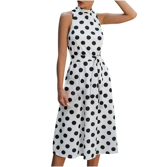 HONHUZH Women Summer Dresses 2022, Polka Dot Casual Drees Knee-Length Sleeveless Dress Belted