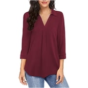 HONHUZH Women V Neck Three Quarter 3/4 Sleeve T Shirt Autumn Printing Blouse Tops Sweatshirt