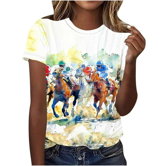 HONHUZH Women's Plus Size Tops Dressy Horse Racing Graphic Summer Cew Neck Short Sleeve T-Shirts