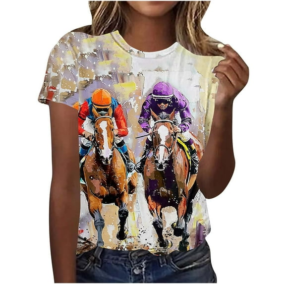 HONHUZH Women's Plus Size Tops Dressy Horse Racing Graphic Summer Cew Neck Short Sleeve T-Shirts