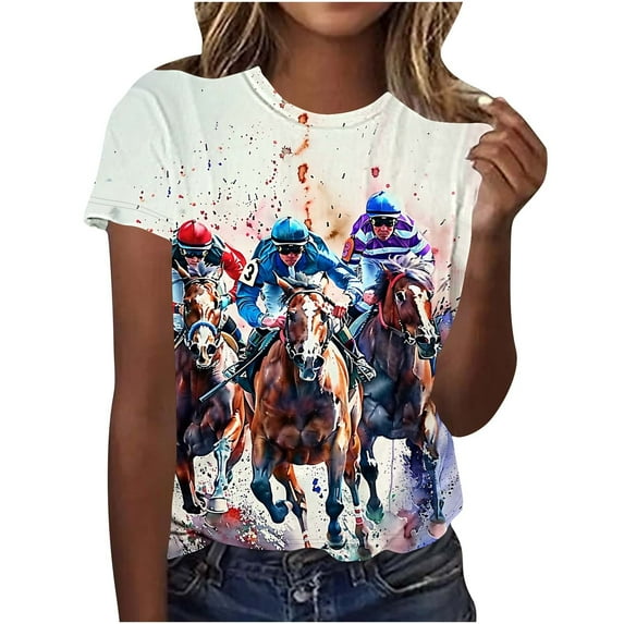 HONHUZH Women's Plus Size Tops Dressy Horse Racing Graphic Summer Cew Neck Short Sleeve T-Shirts