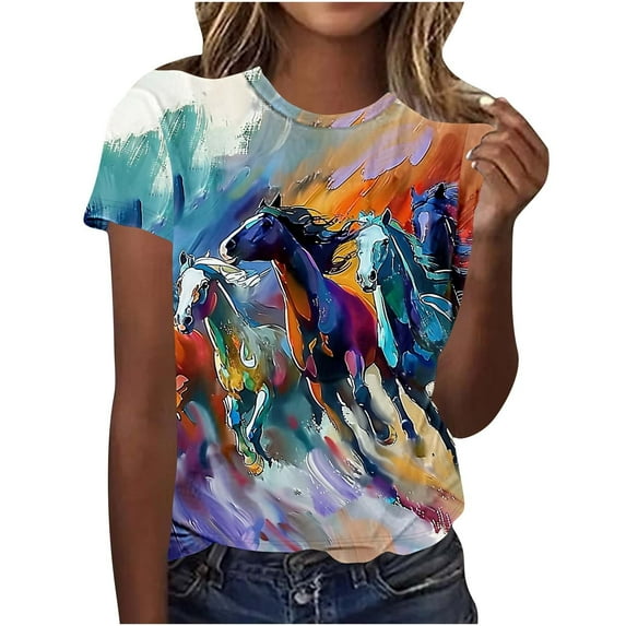 HONHUZH Women's Plus Size Tops Dressy Horse Racing Graphic Summer Cew Neck Short Sleeve T-Shirts