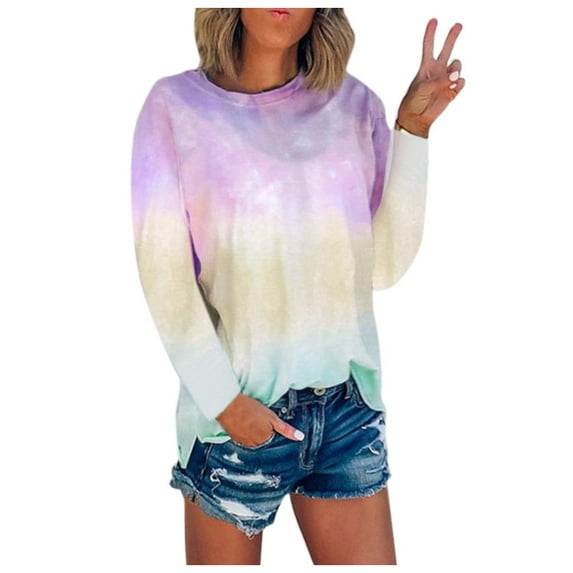 HONHUZH Women's Tie-Dye Long Sleeve Crew-Neck T-Shirt Casual Tee Tops