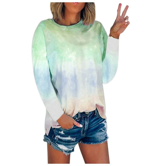 HONHUZH Women's Tie-Dye Long Sleeve Crew-Neck T-Shirt Casual Tee Tops