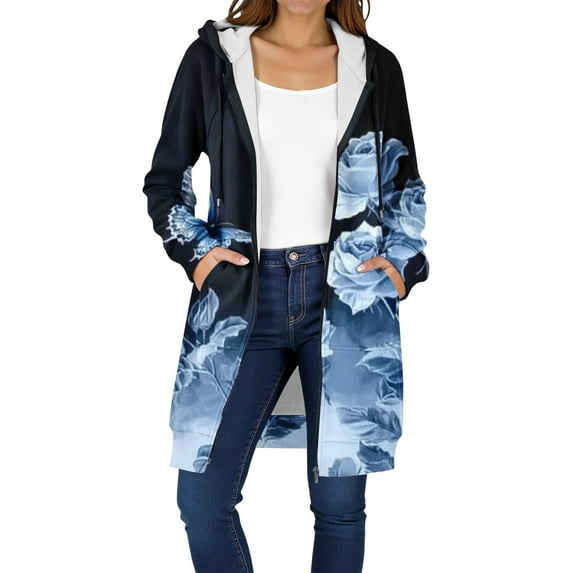 HONHUZH Women's Zip Up Hoodies Graphic Jacket Thickening Fleece Jacket Winter Casual Zipper Long Sleeve Pocket Long Coat