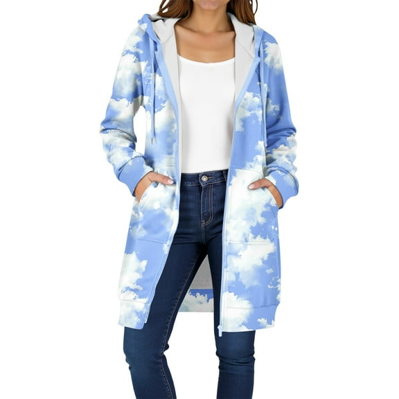 HONHUZH Women's Zip Up Hoodies Graphic Jacket Thickening Fleece Jacket Winter Casual Zipper Long Sleeve Pocket Long Coat