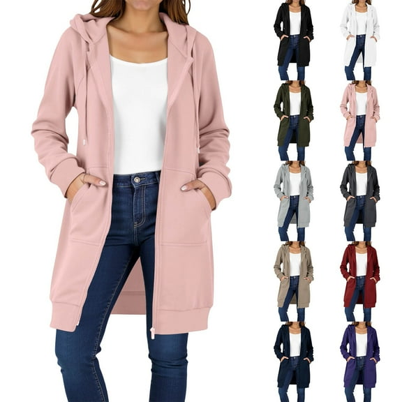 HONHUZH Women's Zip Up Hoodies Long Sleeve Long Tunic Sweatshirts Oversized Fleece Casual Fall Jacket Coat with Pocket