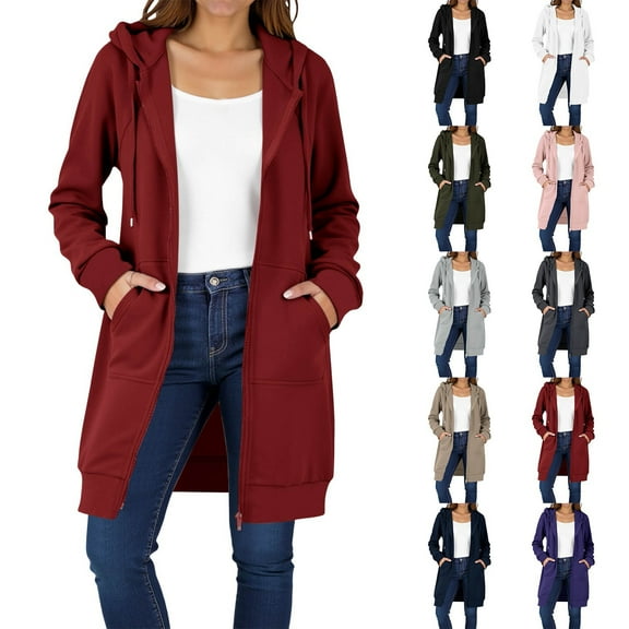 HONHUZH Women's Zip Up Hoodies Long Sleeve Long Tunic Sweatshirts Oversized Fleece Casual Fall Jacket Coat with Pocket